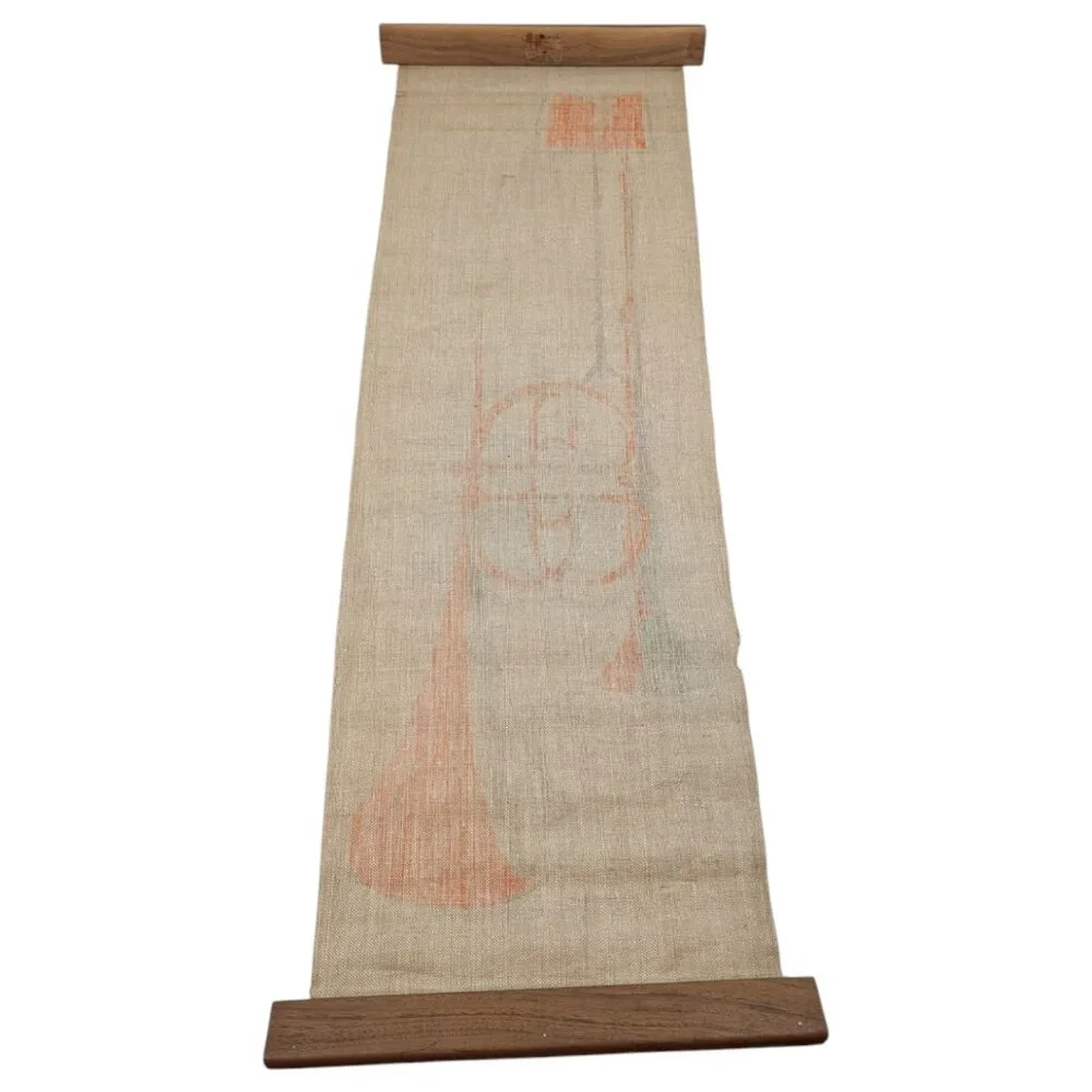 Mid Century Modern Silkscreen Scroll Tapestry Instrument On Linen MCM Horn *READ